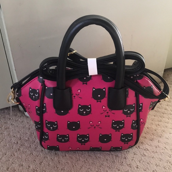 New Betsey Johnson pink cat faces black Satchel - Picture 2 of 6